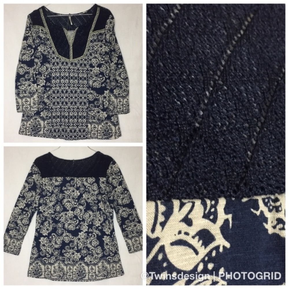 nine 1 eight blue crocheted printed top